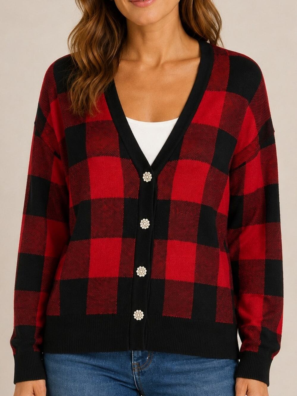 Tommy Bahama Buffalo Plaid Cardigan Sweater Red Black Jeweled Buttons Size L